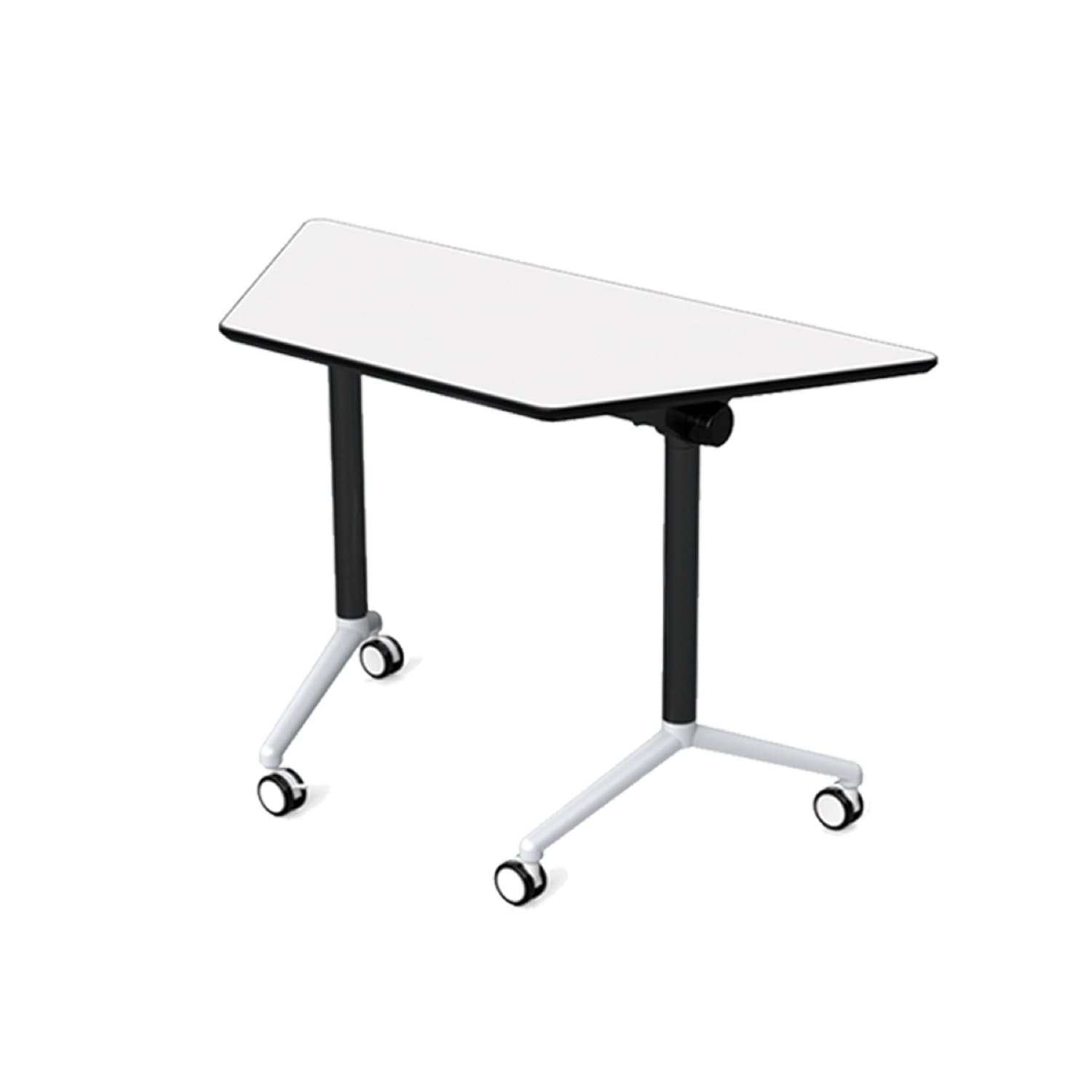 Mesa de capacitación Dubai trapezoidal con cubierta blanca, canto negro y ruedas